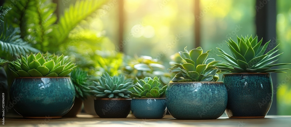 Poster succulent plants in decorative pots arranged on a wooden surface with natural light and greenery in 
