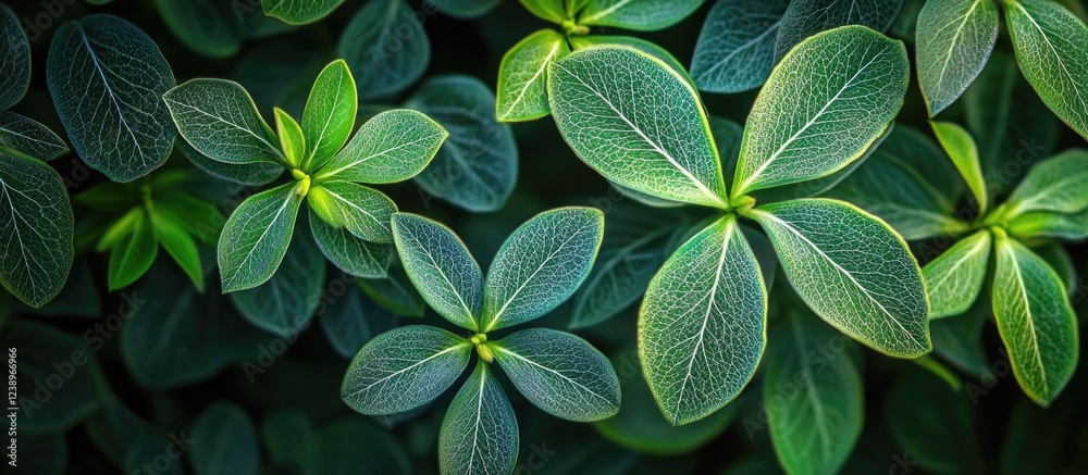 Poster Close-up of green leaves with intricate vein patterns on a dark background showcasing natural textures and details Copy Space