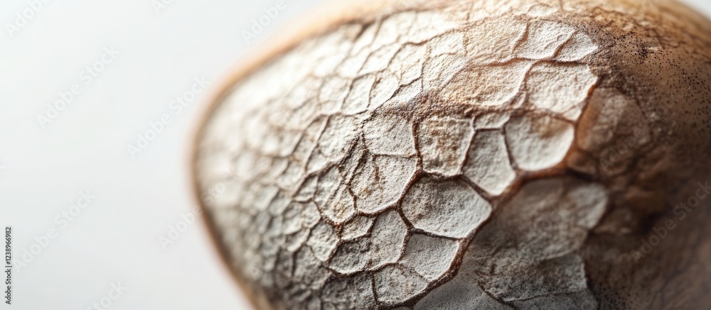Poster close-up of textured surface of a brown stone or seed with cracked pattern against a light backgroun