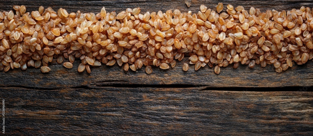 Poster Brown sesame seeds arranged on a rustic wooden background with ample space for text Copy Space