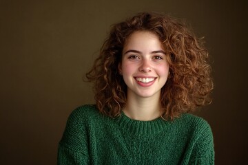 Obraz premium smiling beautiful young woman with curly hair and green pullover