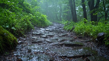 Amidst a fog-drenched forest, a soft rain creates a serene atmosphere while a rugged stone path winds through vibrant greenery, inviting nature lovers to explore