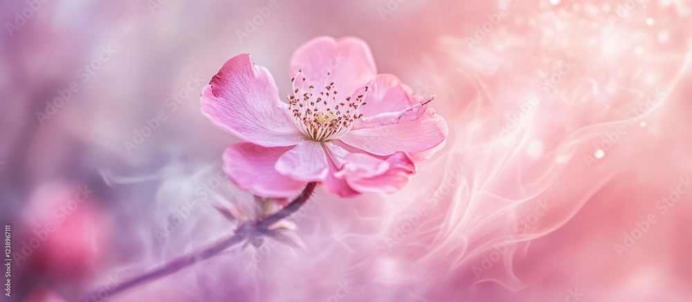 Poster close-up of a delicate pink flower with soft blurred background and ethereal light effects, perfect 