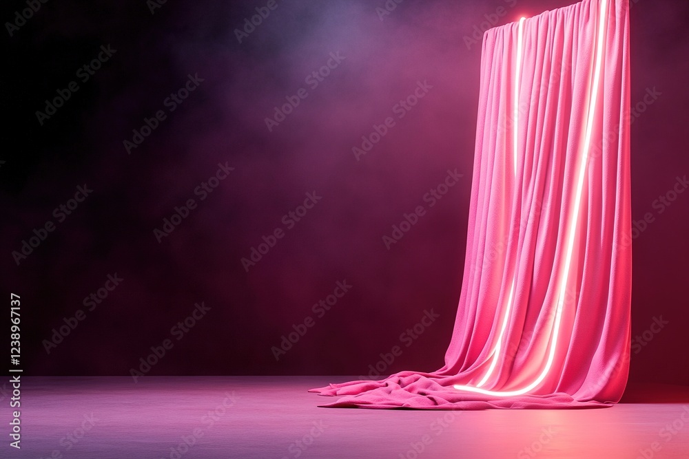 Poster a captivating display features a flowing curtain of red neon light with softly glowing edges. this d