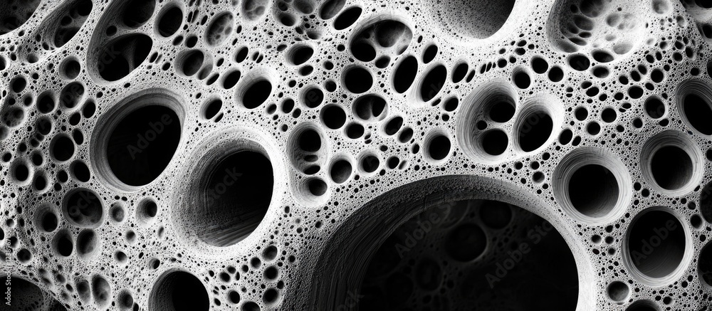 Aufkleber Abstract close-up of a textured surface featuring numerous circular holes and bubbles in black and white with varying shades of gray and deep shadows.