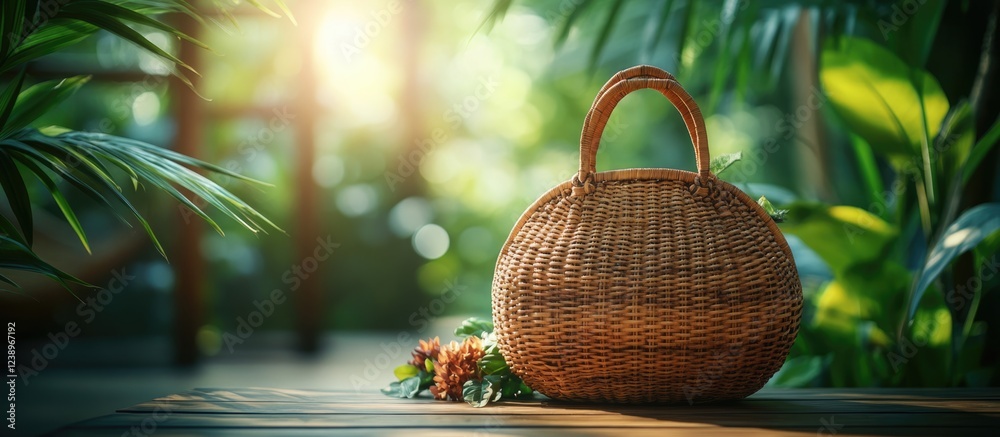 Poster woven wicker handbag on wooden table surrounded by lush green foliage with soft sunlight filtering t