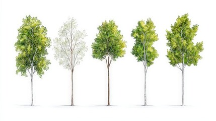Gradual Seasonal Change in Trees from Bare to Lush Green Illustrated in Five Stages