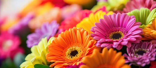 Colorful assortment of gerbera daisies in various shades with a blurred background and ample Copy Space for text placement