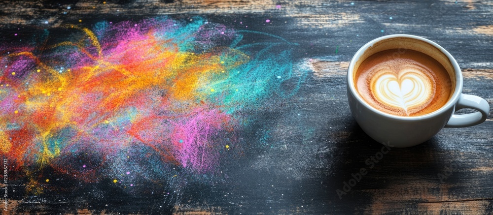 Poster colorful coffee art and vibrant chalk dust on dark wooden background with heart pattern in latte, id