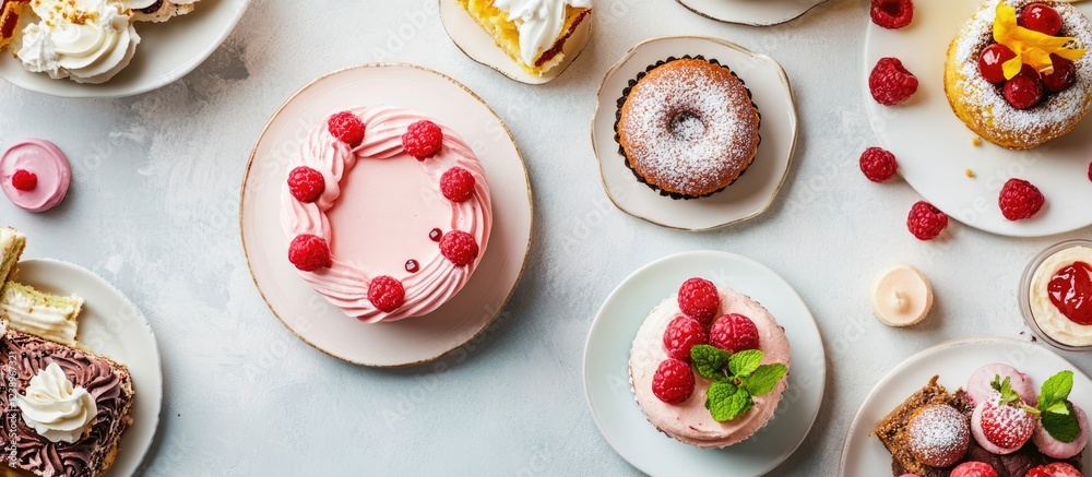 Poster assorted desserts featuring raspberry cakes, pastries, and creamy sweets on a light background with 