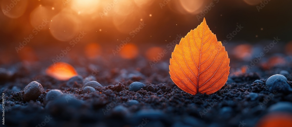 Poster Single bright orange leaf on pebbled ground with a blurred warm bokeh background creating a tranquil autumn atmosphere Copy Space