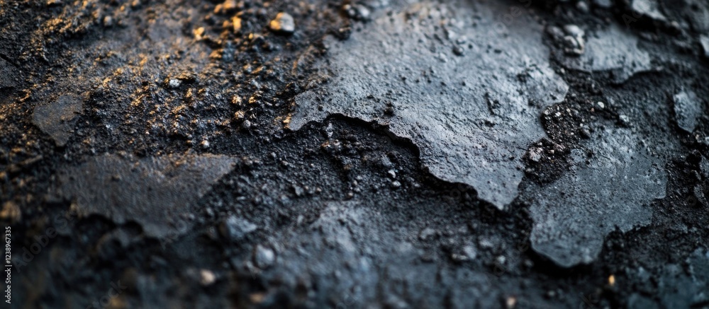 Aufkleber Dark textured surface with cracks and uneven patches of asphalt, featuring a mix of black and gray tones, suitable for background use. Copy Space