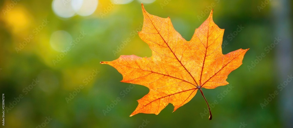 Poster bright orange autumn leaf suspended against a blurred green and yellow background with soft bokeh ef