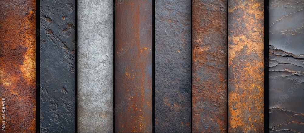 Aufkleber Collection of eight textured metal surfaces showcasing various colors and rust patterns with potential for backgrounds and design elements