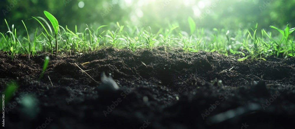 Poster close-up of fresh green grass growing in rich dark soil illuminated by soft sunlight in a lush garde
