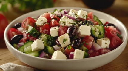 Fresh Mediterranean salad with tomatoes, cucumbers, olives, red onions, and feta cheese on a wooden table with copy space.