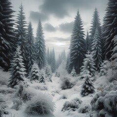 Fototapeta premium A snow-covered forest with tall firs and pines covered with snow
