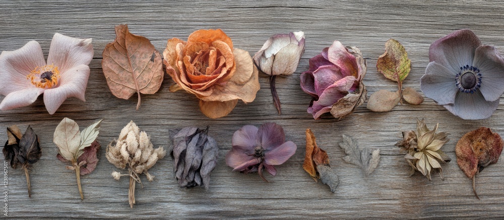 Poster dried flowers and leaves arranged on wooden background with copy space for text insertion