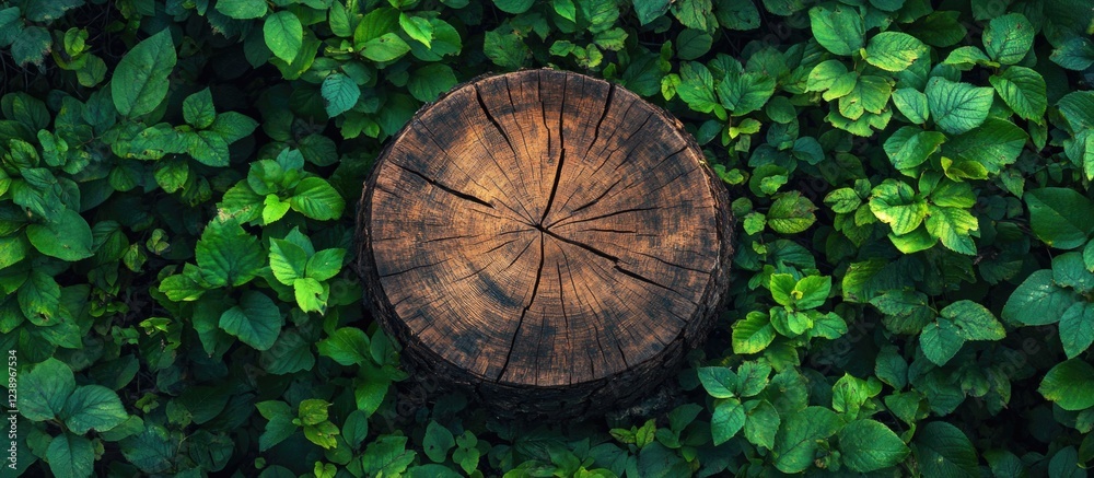 Poster top view of a tree stump surrounded by vibrant green foliage with a natural texture and pattern, ide