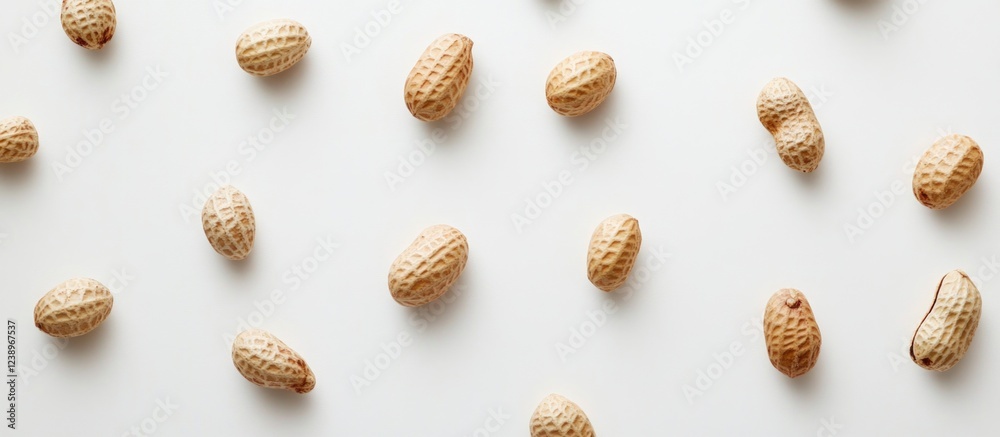 Poster Raw peanuts scattered on a white background with natural lighting and ample space for text placement Copy Space