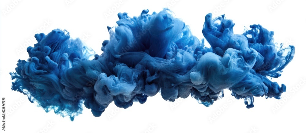 Poster Blue ink or dye swirling in water creating a cloud-like formation with vibrant and textured patterns isolated on a white background Copy Space