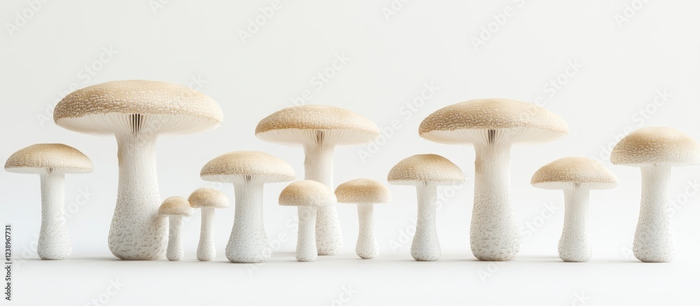 Poster White and beige mushrooms grouped on a light background showcasing various sizes and shapes with Copy Space for text insertion