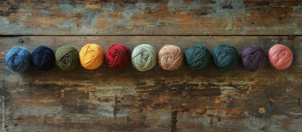 Poster colorful yarn balls arranged on rustic wooden background with copy space for text.
