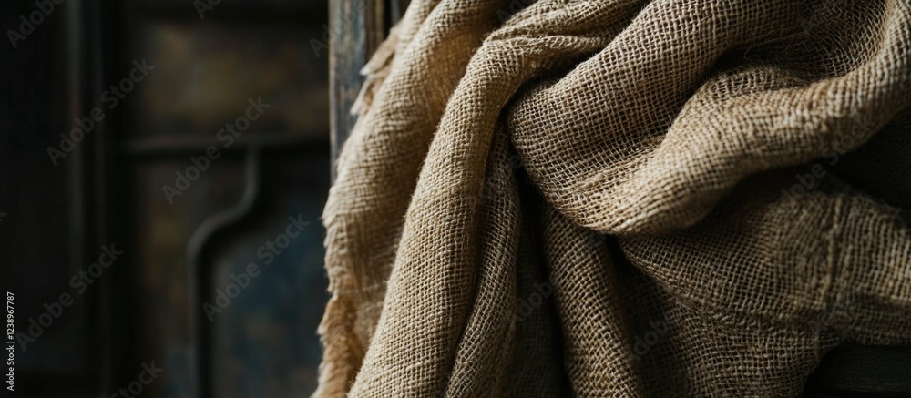 Aufkleber Natural burlap fabric draped on a textured surface with a rustic background and soft lighting suitable for various design applications Copy Space