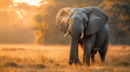 Fototapeta premium Majestic elephant at sunrise, African savanna, golden light, wildlife photography, nature documentary