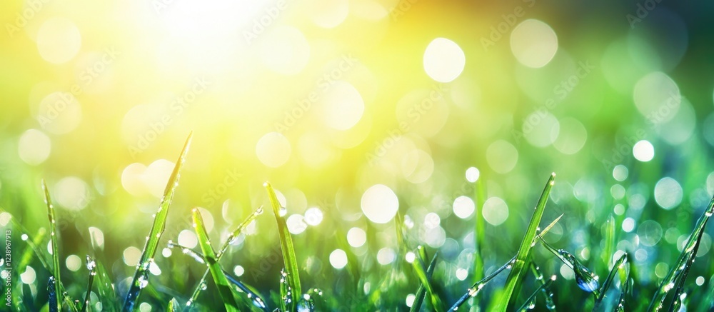 Aufkleber Dewy green grass with sunlight and bokeh effect in the background natural abstract design with copy space for text