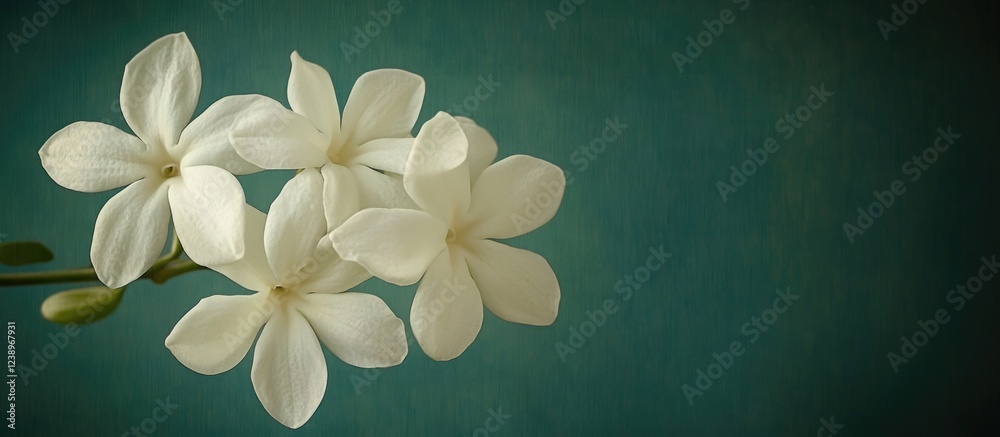 Poster White jasmine flowers on a teal background with soft lighting and subtle texture Copy Space