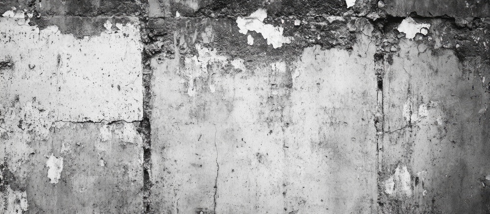 Poster textured gray concrete wall with peeling paint, showing weathered and worn surfaces and noticeable i