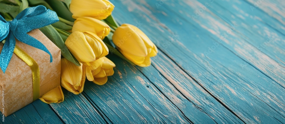 Poster yellow tulips and gift box on rustic wooden background with copy space for text