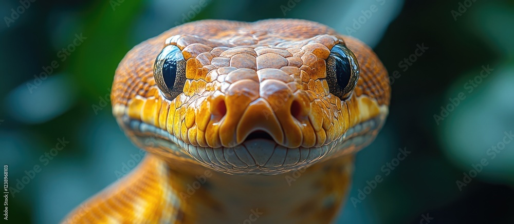 Poster Close-up of a brown and orange boa constrictor with striking features and intricate scale patterns on a blurred green background Copy Space