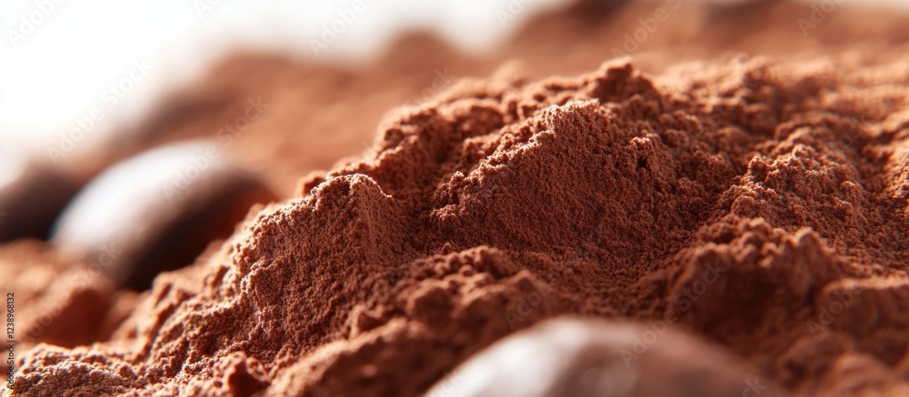Poster Close-up of cocoa powder with chocolate beans scattered on the surface showing texture and fine details Copy Space