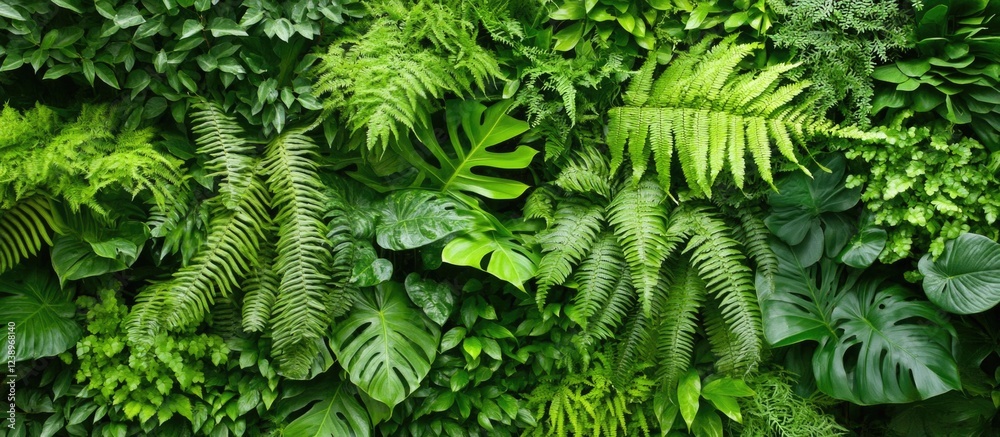 Poster lush green foliage background with various types of plants and leaves suitable for nature and botani