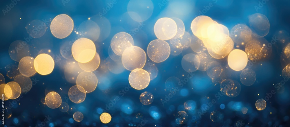 Poster Abstract blue bokeh background with golden and white circles illuminated by soft light perfect for use as a textured backdrop Copy Space