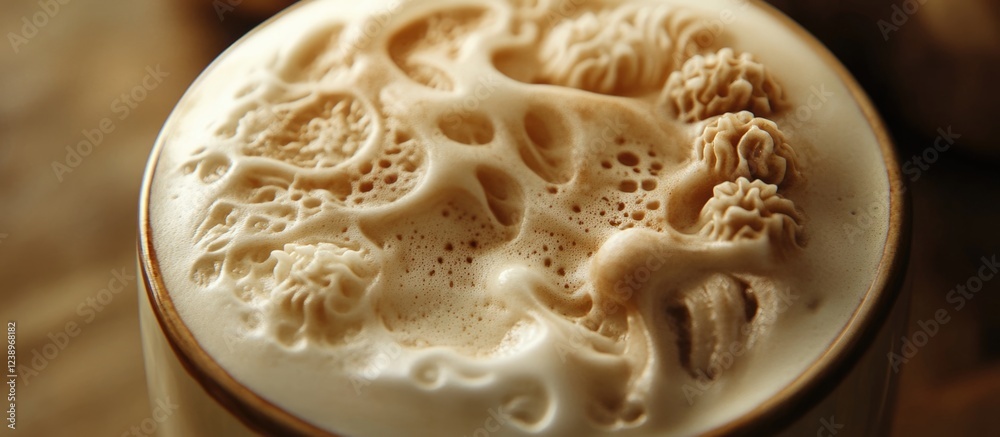 Poster Intricately designed latte art in a coffee cup showcasing detailed foam patterns and textures with soft lighting and wooden background.