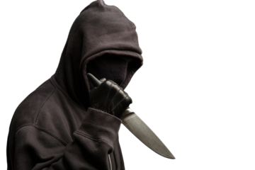 Hooded man holding a knife isolated on white, transparent. Armed attack concept.