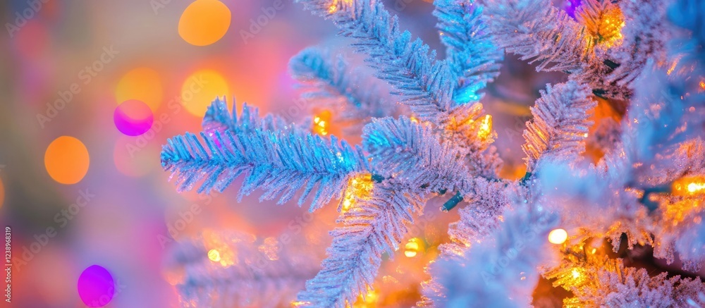 Aufkleber Frosted artificial Christmas tree branches with colorful bokeh lights in the background suitable for holiday themes and designs