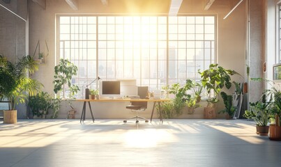 Fototapeta premium Sunlit Modern Office with Abundant Greenery