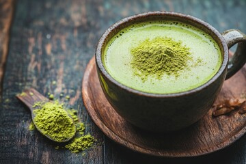 A warm cup of matcha latte sits on a wooden surface alongside a spoonful of vibrant green matcha powder, inviting relaxation and enjoyment