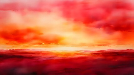 Fototapeta premium Fiery Sunset Landscape Watercolor Painting