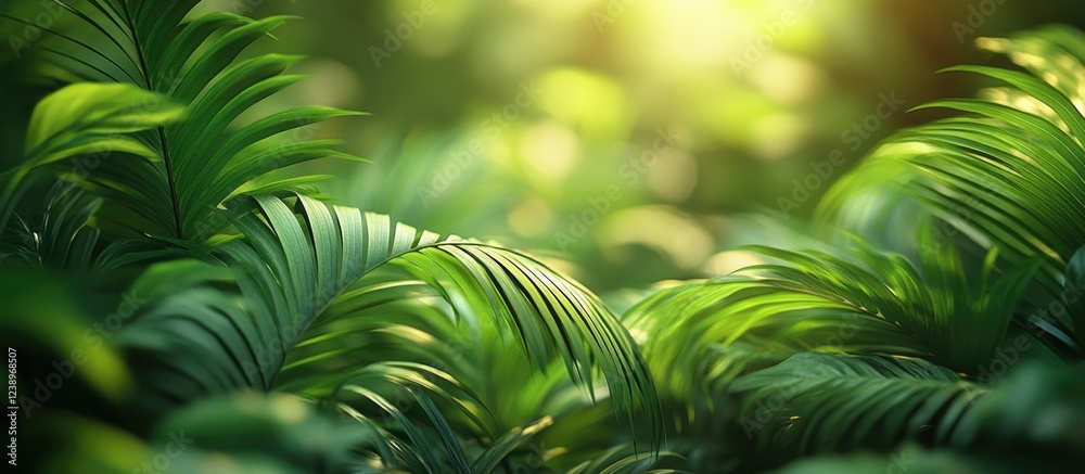 Poster tropical green palm leaves background with soft bokeh light effect for nature themes and designs cop