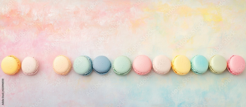 Poster Colorful assortment of macarons arranged in a line on a pastel textured background with plenty of Copy Space for text placement.
