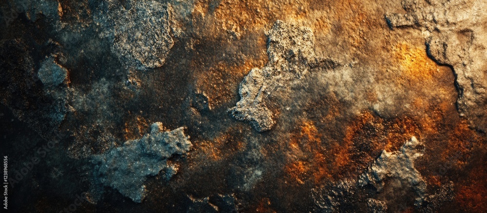 Aufkleber Textured surface with rust and corrosion in shades of brown and grey illuminated by warm light showcasing intricate details and patterns Copy Space