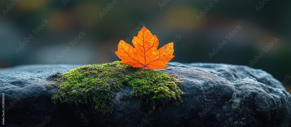 Poster vibrant orange maple leaf on mossy stone surface with blurred natural background and soft lighting c