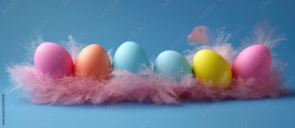 Poster Colorful Easter eggs arranged in a row on pink feathers against a blue background with Copy Space for text insertion