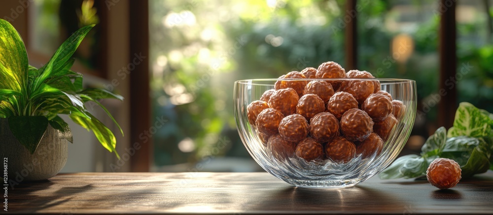 Poster bowl filled with spherical snacks placed on a wooden table surrounded by greenery and natural light 
