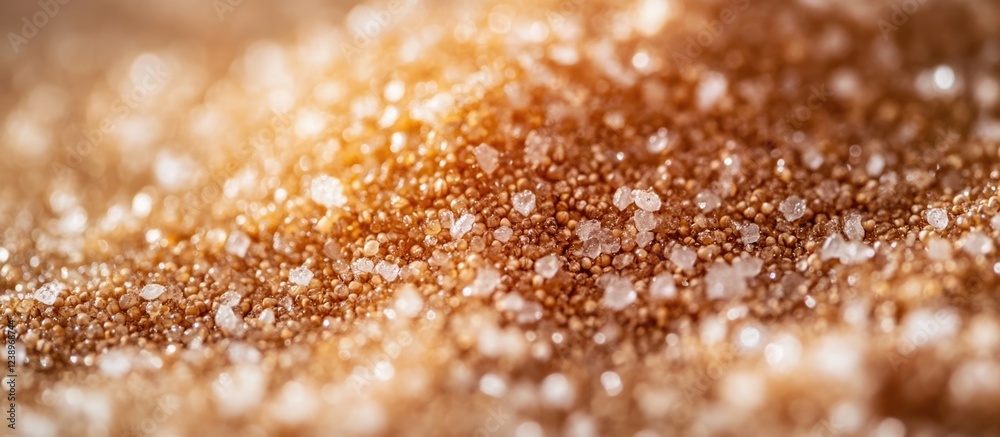 Poster Close-up of granulated sugar with a shimmering golden hue and blurred background ideal for textures and culinary themes Copy Space